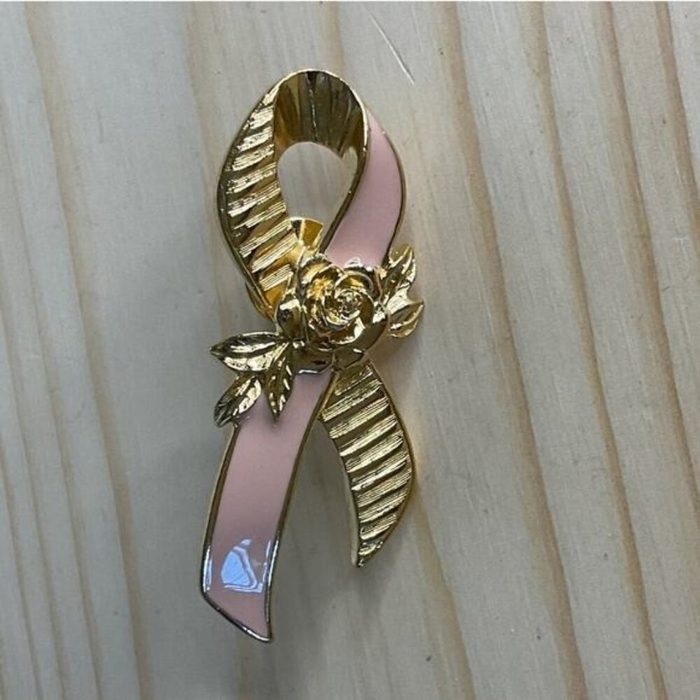 Avon Pink & Gold Ribbon Flower Pin Brooch